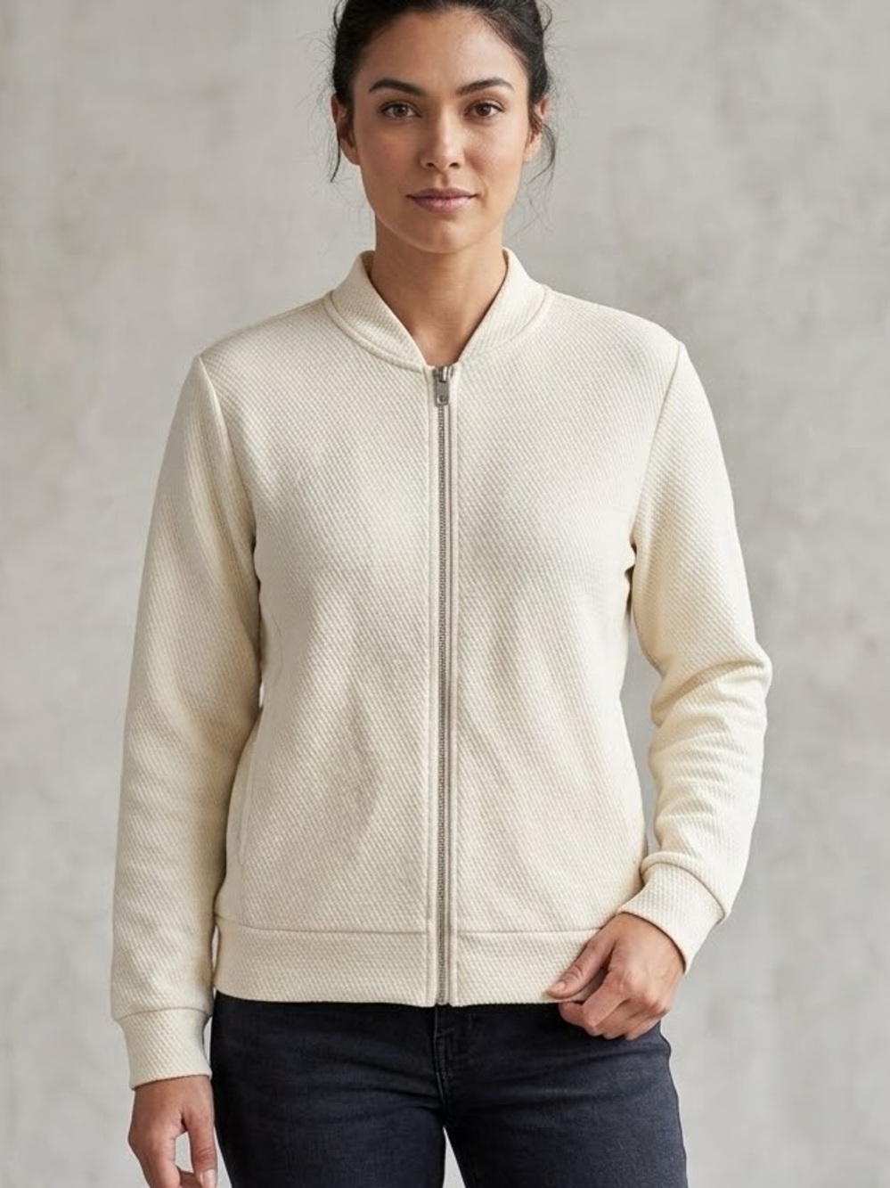 OAK + FORT Textured Knit Zip-Up Bomber Jacket in Cream / Off-White